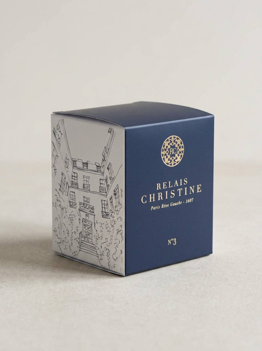 Coffret Relais Christine bleu nuit, logo doré et mention Paris Rive Gauche - 1607